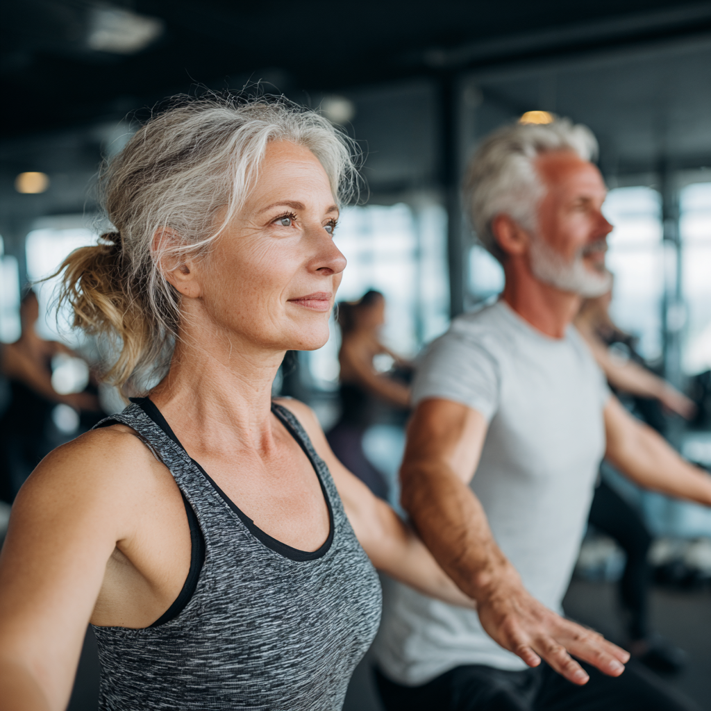 50 years old adults exercising together in modern fitness facility
